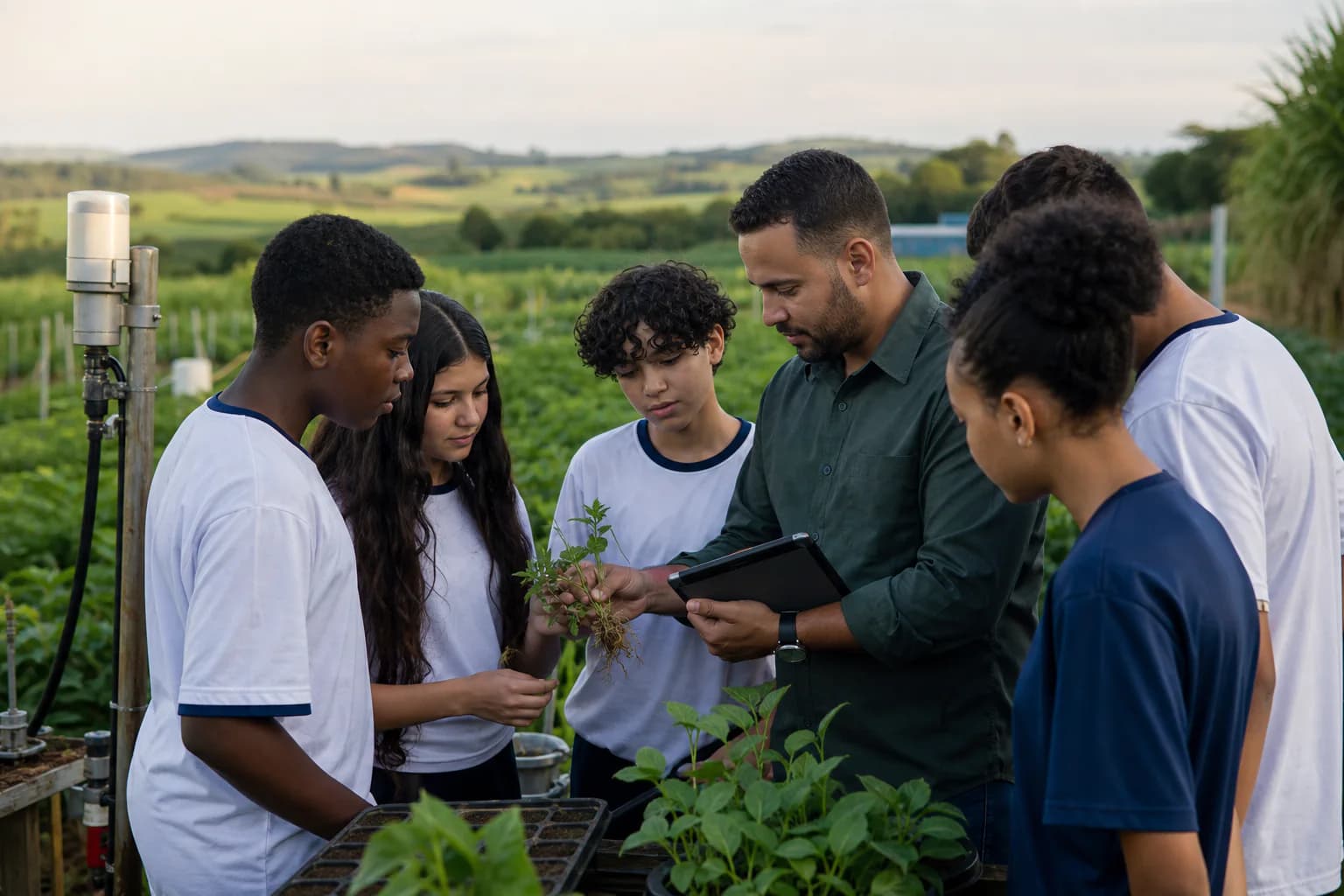 Estudantes conhecendo agronomia e tecnologia agrícola em uma experiência de campo