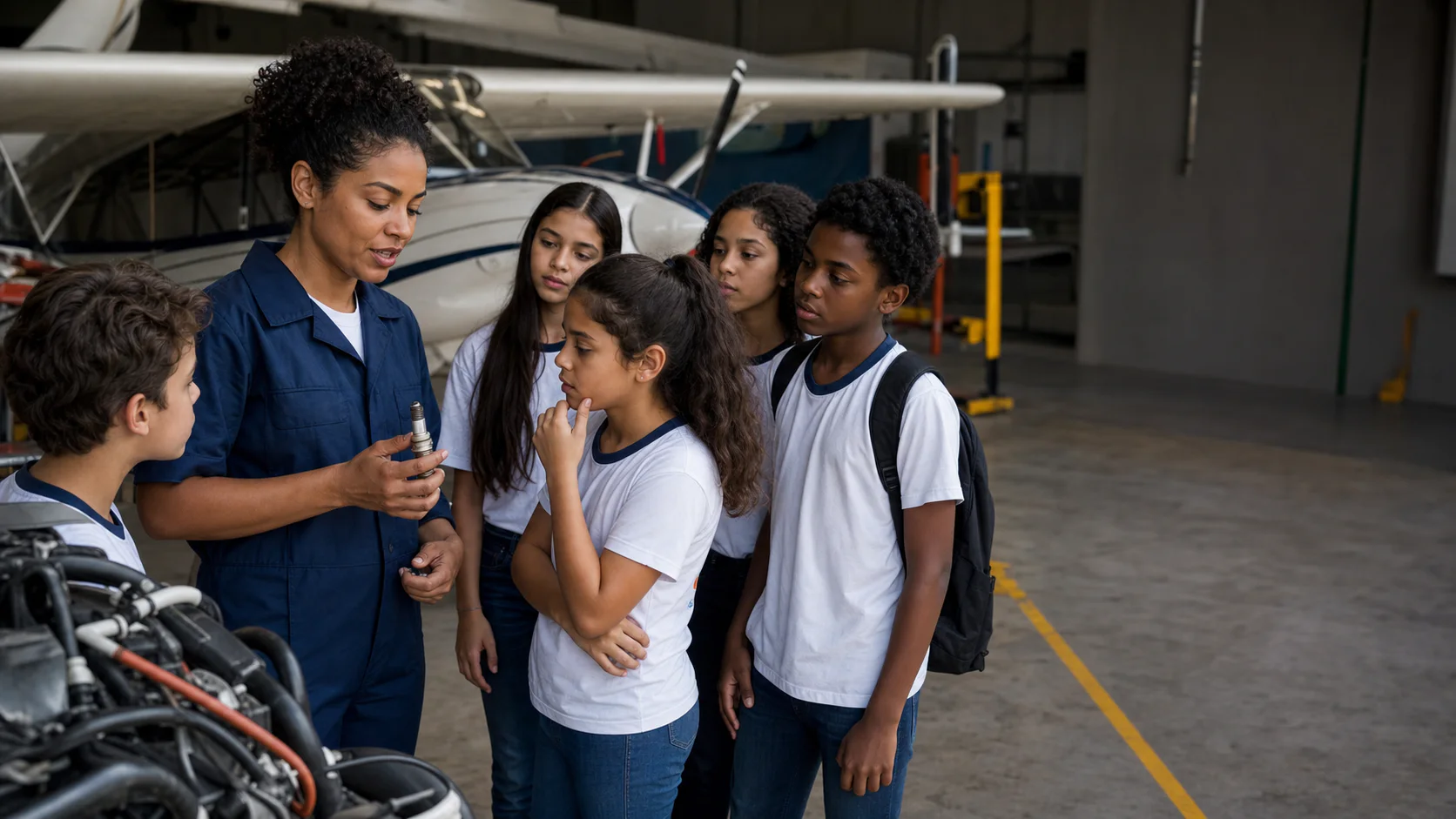 Estudantes conhecendo uma profissional da aviação em ambiente de formação