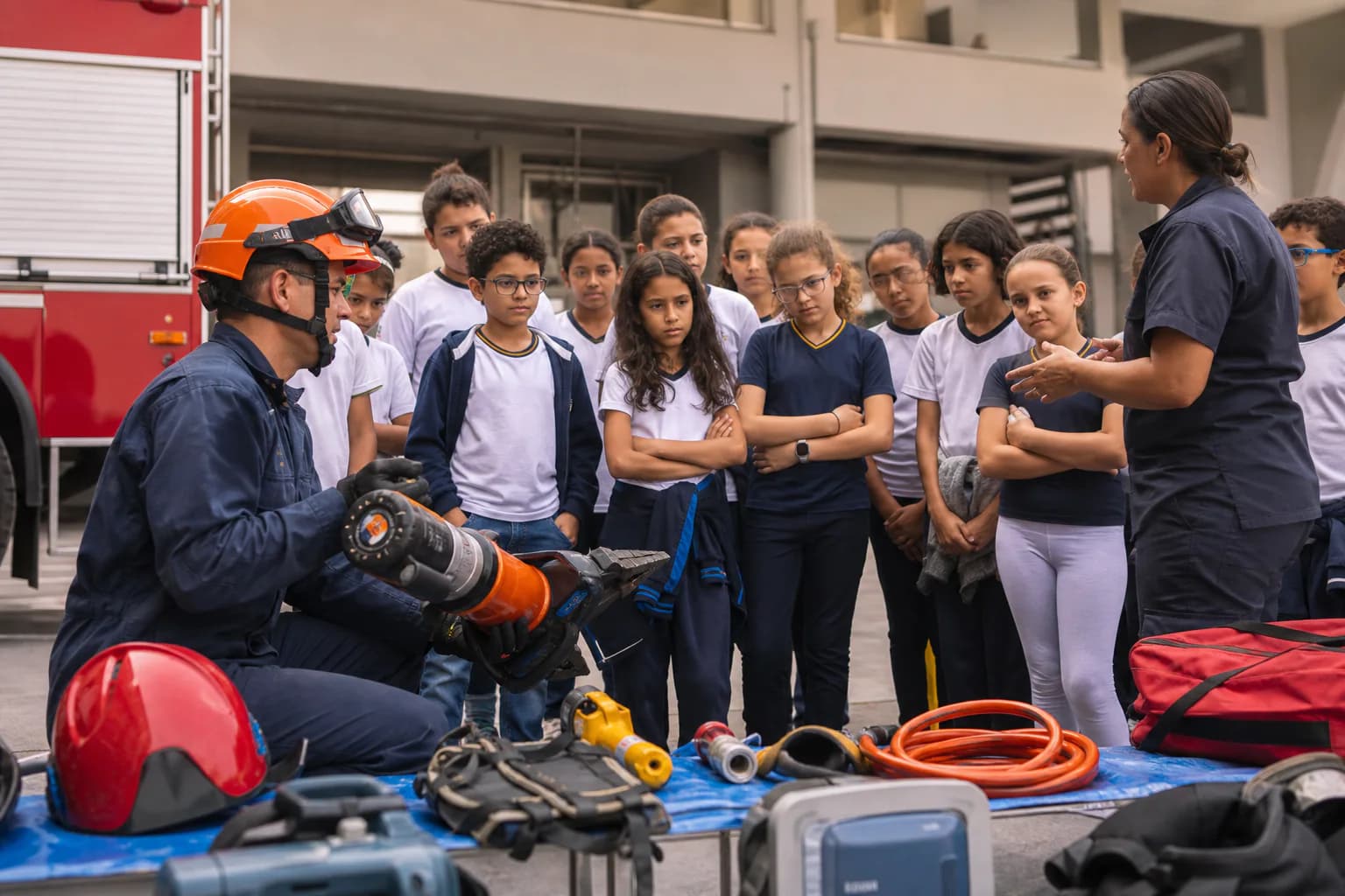 Estudantes acompanhando uma demonstração educativa de bombeiros e resgate