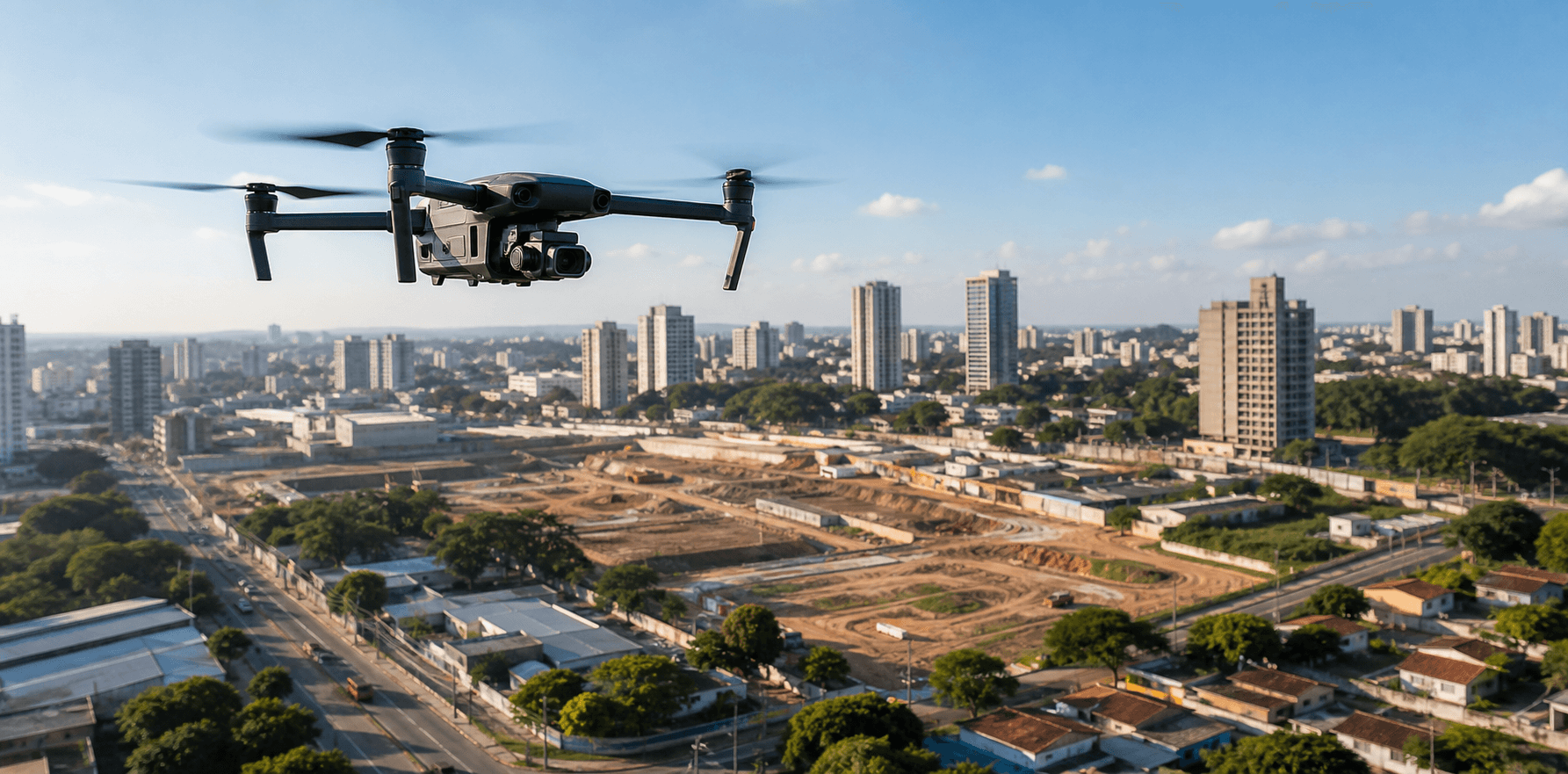 Drone profissional em voo sobre área urbana e de construção