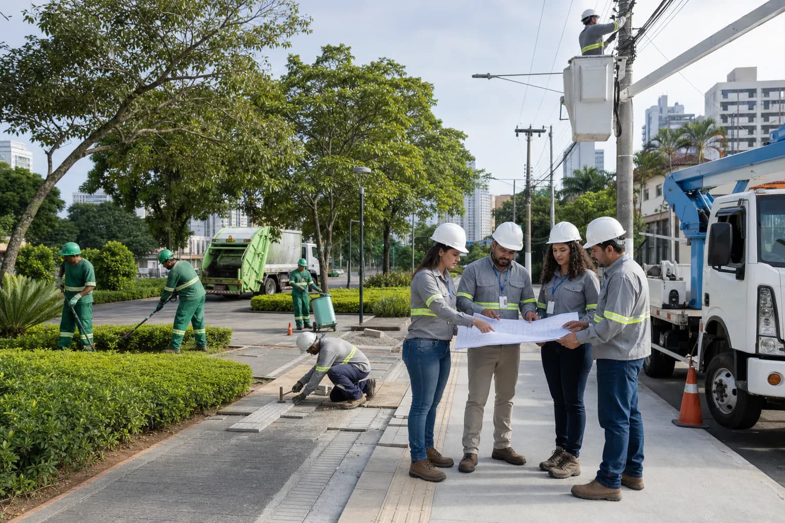 Equipe coordenando serviços urbanos, ambientais e de infraestrutura